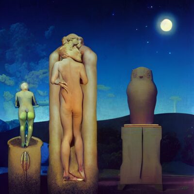 1.) He was white and she was white, as statues often are. Fifty years they stood there, looking stupid, by a jar.2.) One night in mid august when the moonlight got too strong, they climbed off their pedestal and then they sang this song.