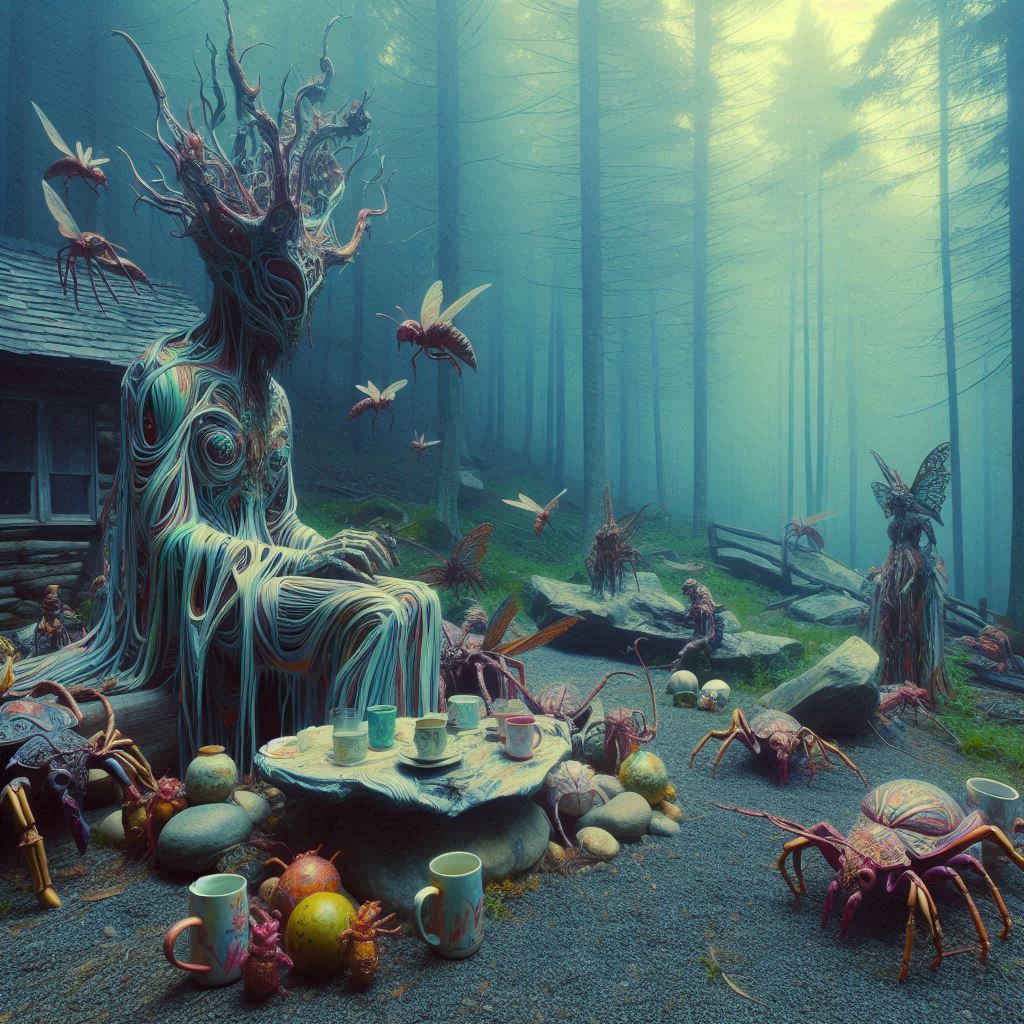 My friend's neighbor came and visited the cabin with his dog. He brought good food but didn't say much.