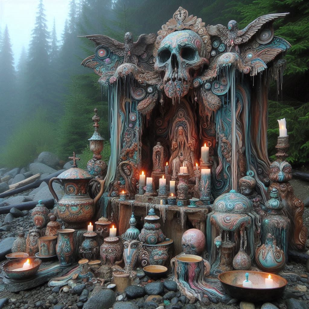 Some artist(s) Just built this huge sculpture all by itself out in the woods on the olympic peninsula. This was about four miles from the nearest road. Obviously they'd just been there, the candles were still burning! Sorry I missed them, I'd have loved to find out what they were about.