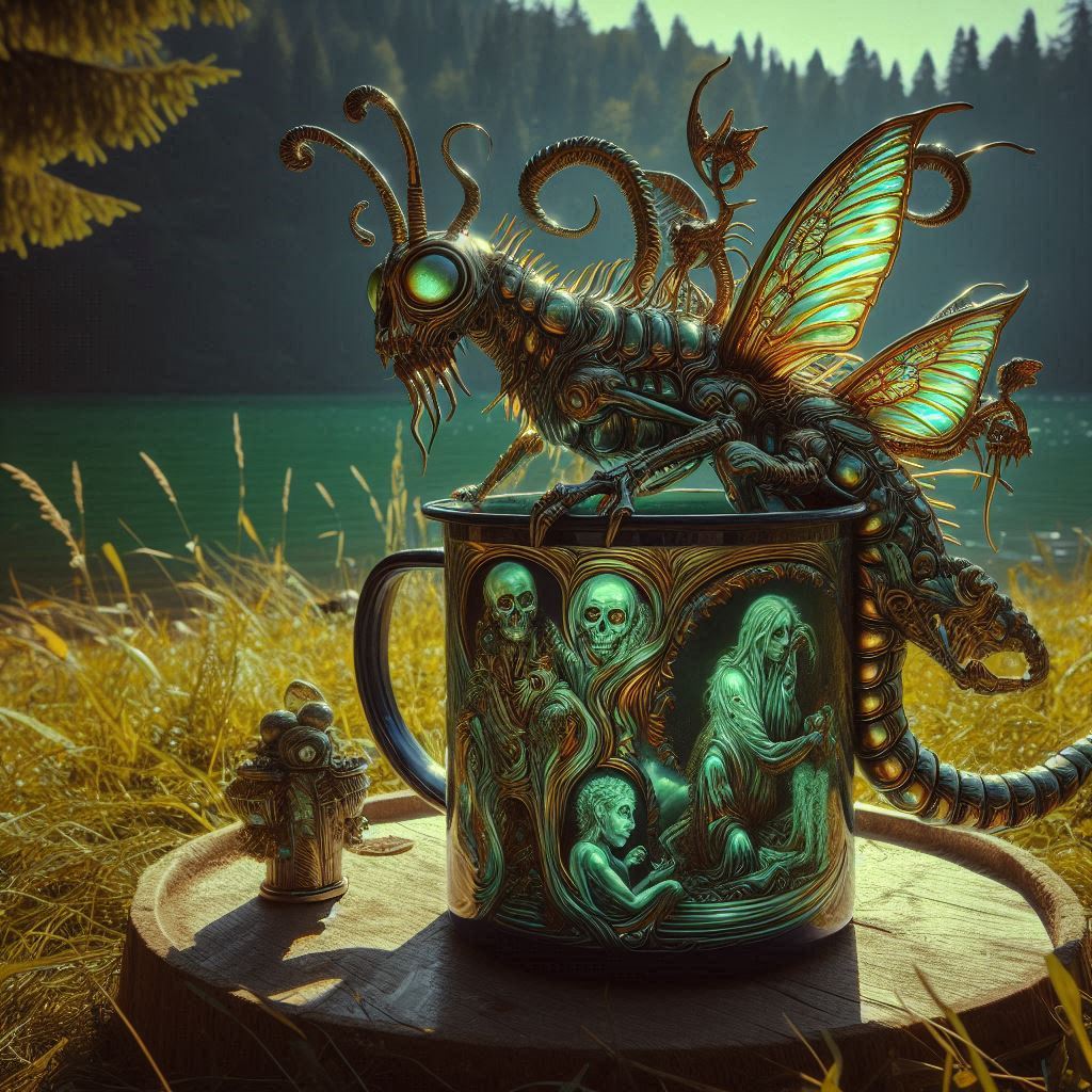 A bought this charming mug from a local craftsman in the sierras. While I was taking the picture, this little critter alighted on it!