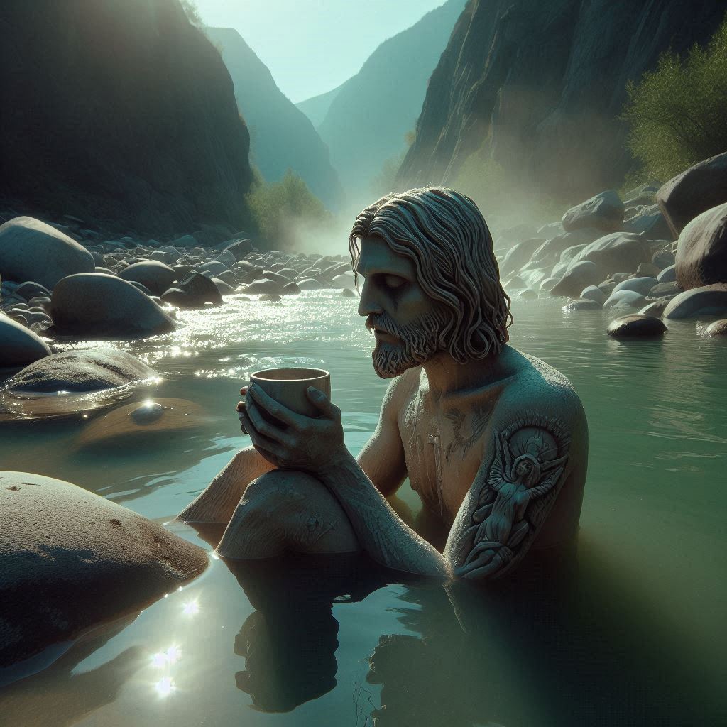 Early morning bather relaxing in a creek in the catskills